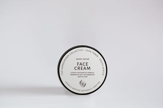 Manna and Me Soothing Face Cream enriched with Devil's Claw and Sour Fig, a lightweight non-greasy daily moisturizer for sensitive skin