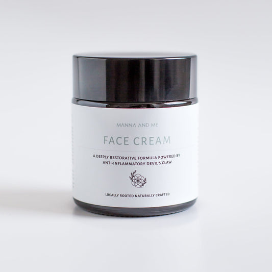 Manna and Me Soothing Face Cream enriched with Devil's Claw and Sour Fig, a lightweight non-greasy daily moisturizer for sensitive skin