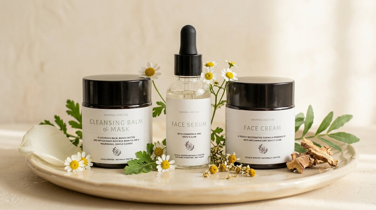 Manna and Me natural skincare routine set including botanical cleanser, face mask, skin serum, and face cream for sensitive skin barrier care.