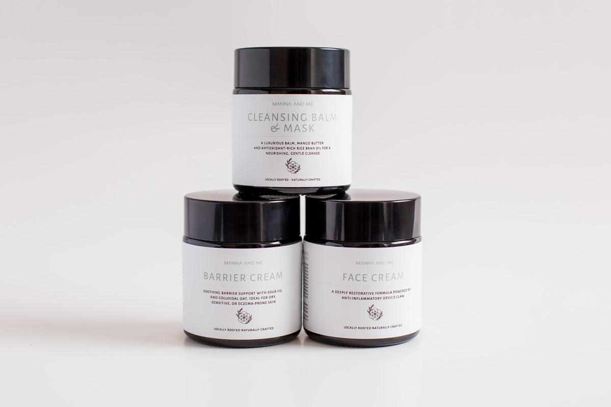 The Homegrown Collective Gentle Essentials Set featuring natural skincare products for sensitive skin.