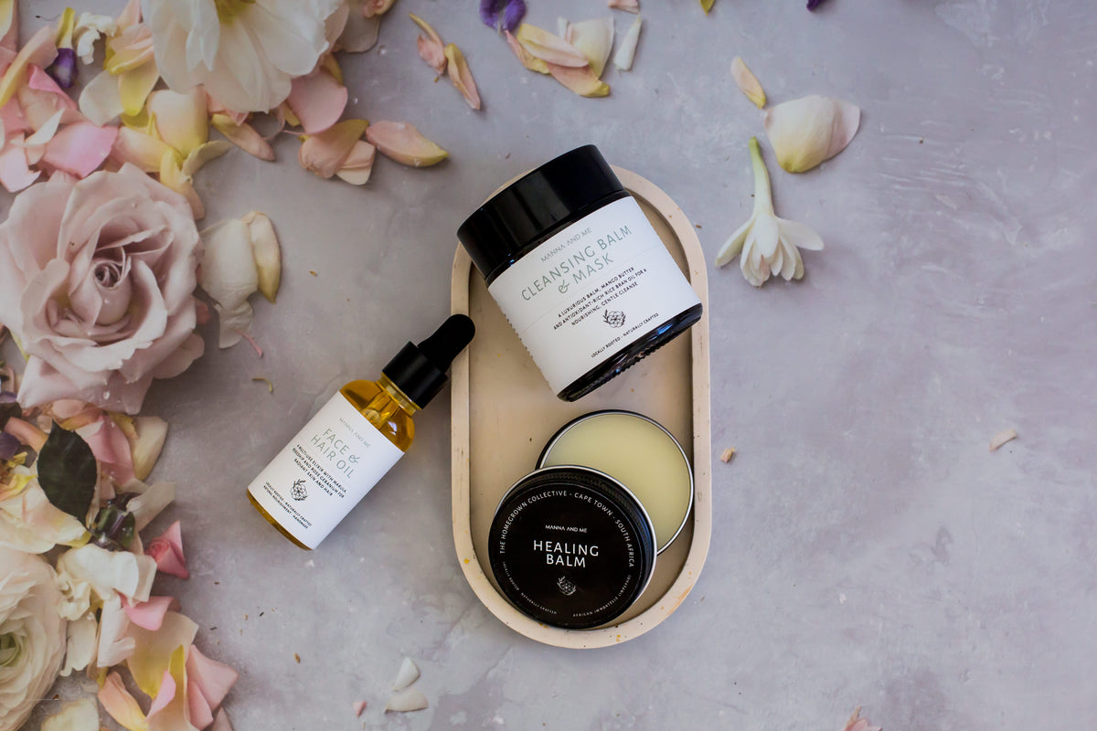 Manna and Me concentrated Face & Hair Oil dropper bottle, restorative South African botanical blend.